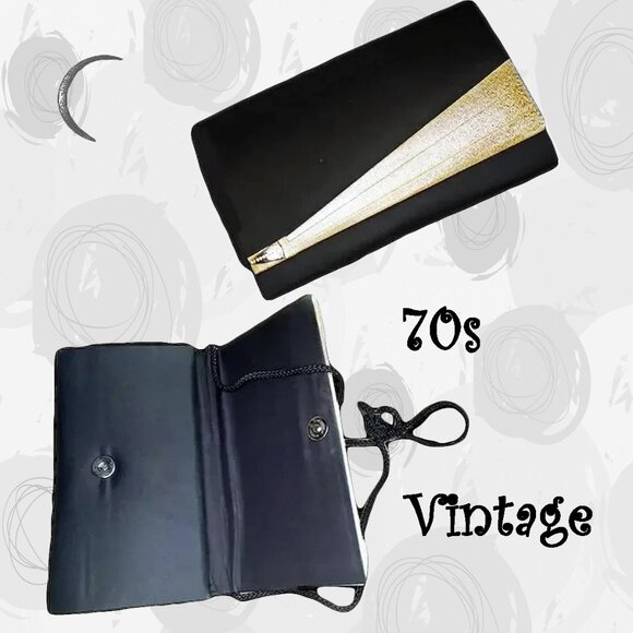 Vintage Handbags - Convertible Clutch Black Gold Lame Evening Shoulder Bag Unused Vintage